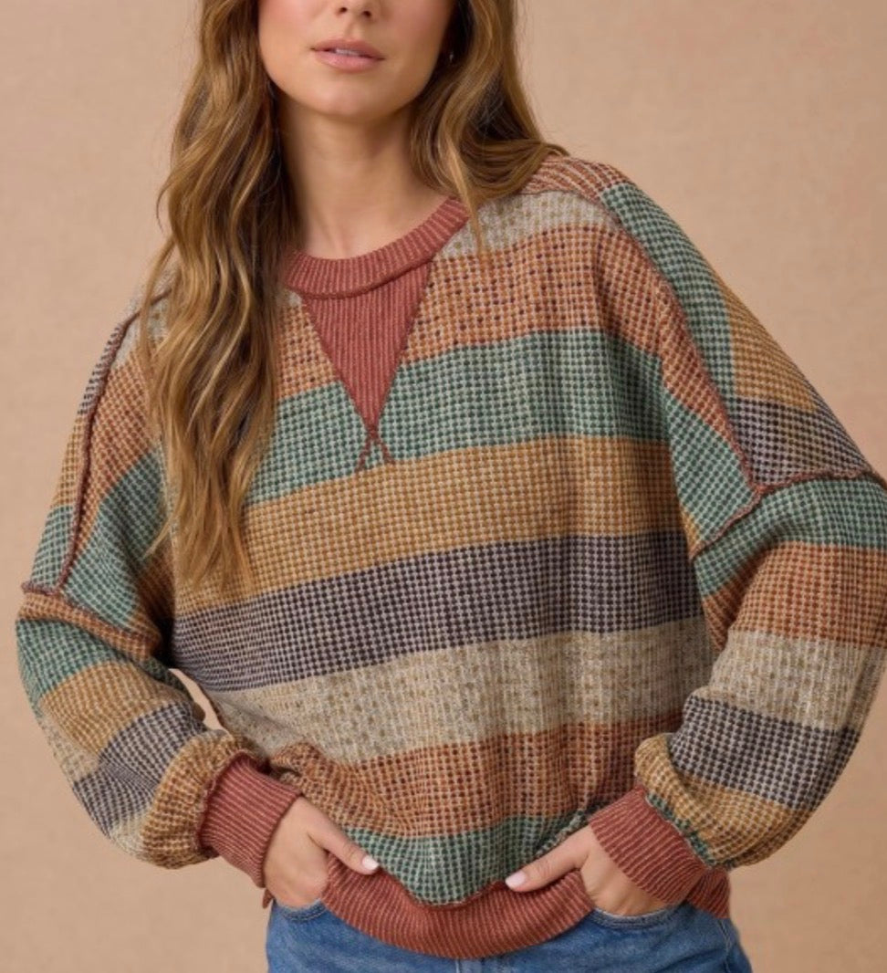 Striped Waffle Hem Pullover by Haptics