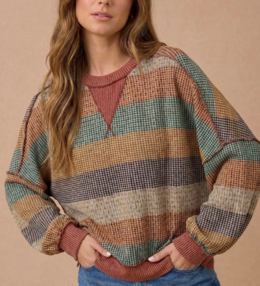 Striped Waffle Hem Pullover by Haptics