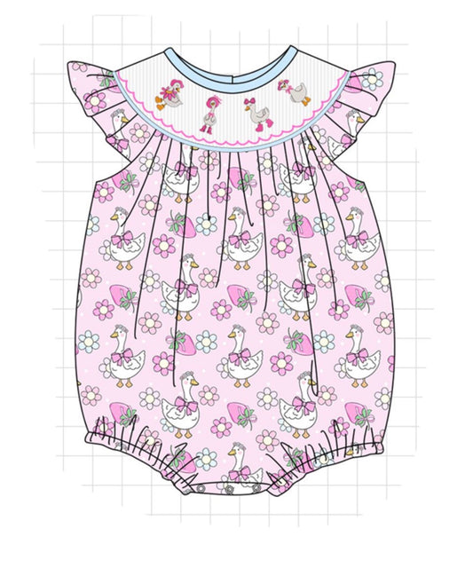 Pink Floral Goose Smocked Bubble