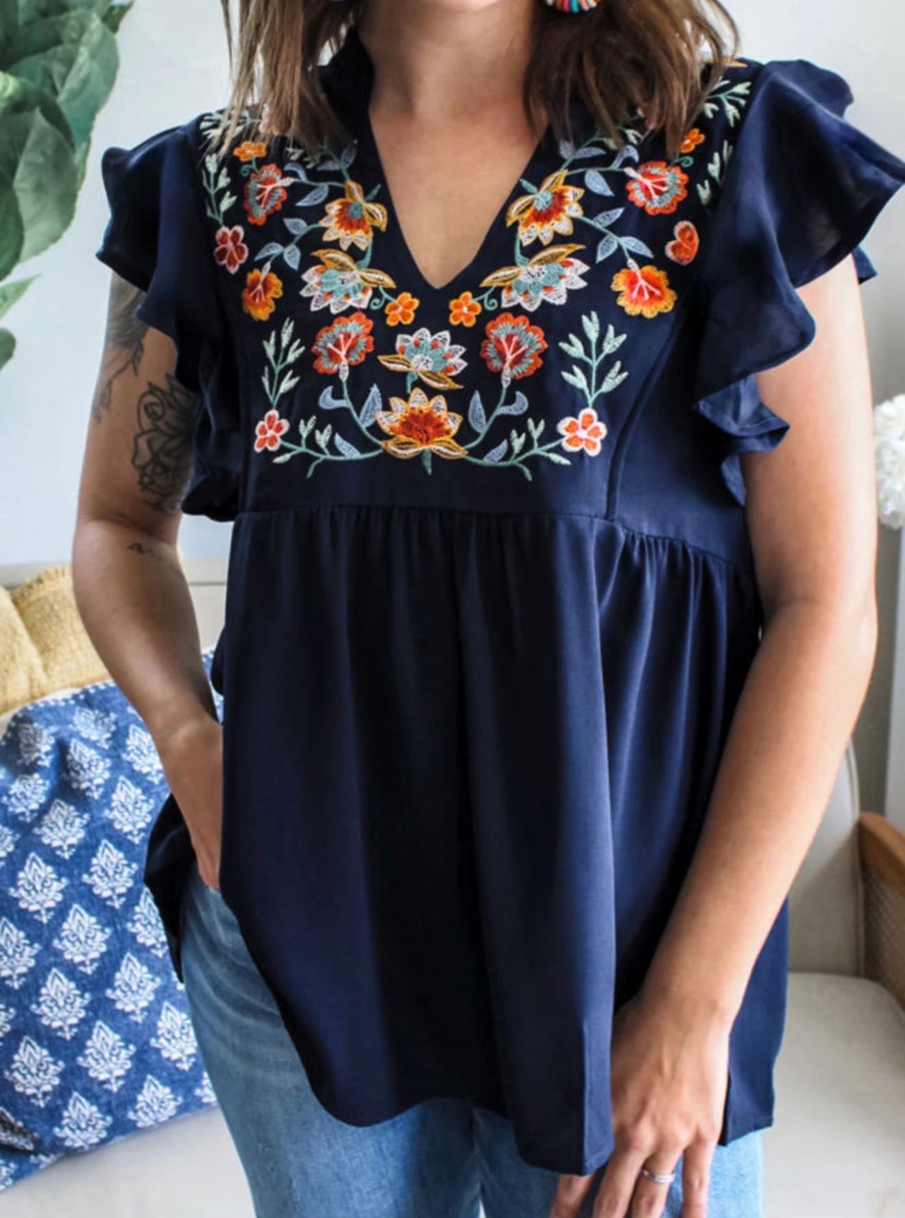 Navy Embroidered Floral Blouse