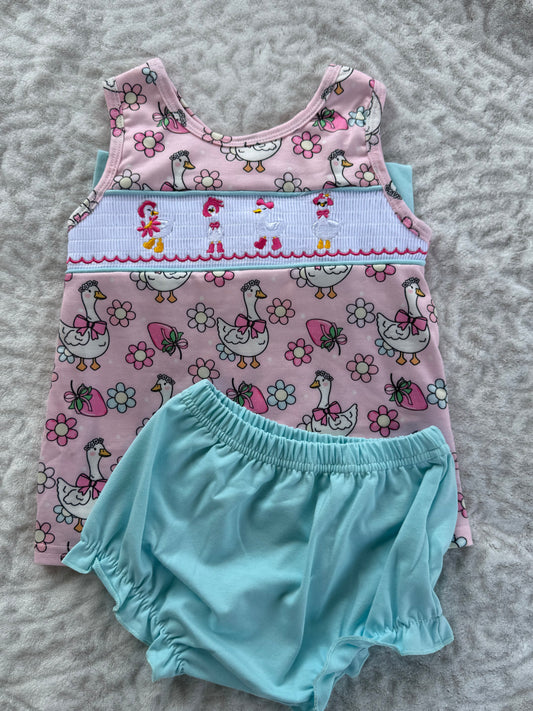 Pink Floral Goose Smocked Bloomer Set