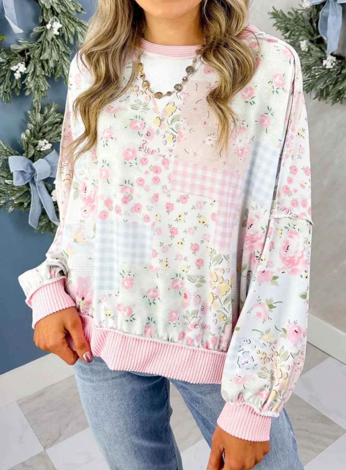 Pink Floral Ribbed Top