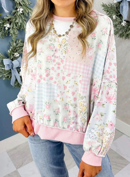 Pink Floral Ribbed Top