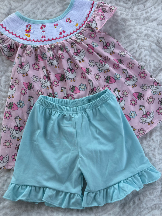 Pink Floral Goose Smocked Set