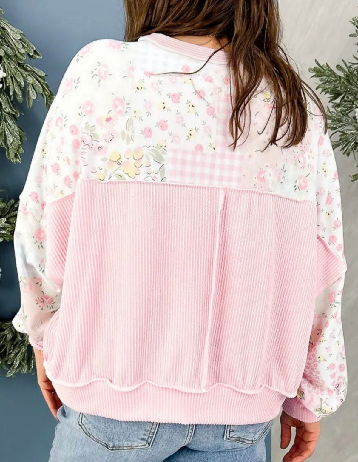 Pink Floral Ribbed Top