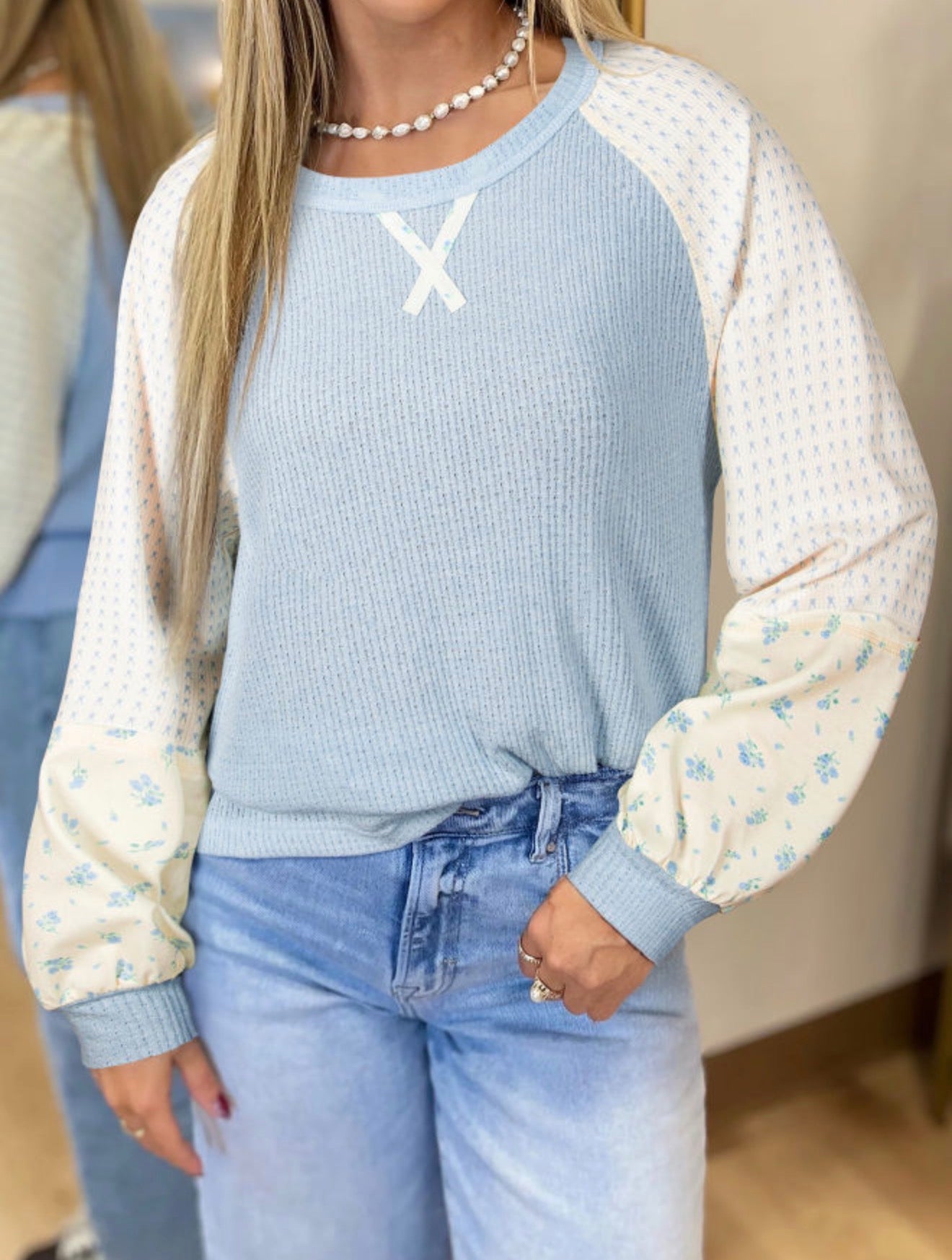 Blue Waffle Knit Spring Top