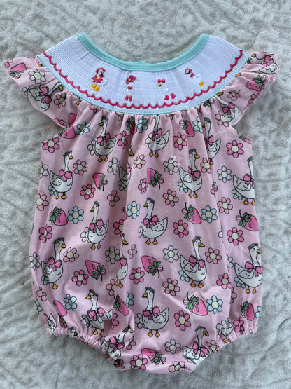 Pink Floral Goose Smocked Bubble