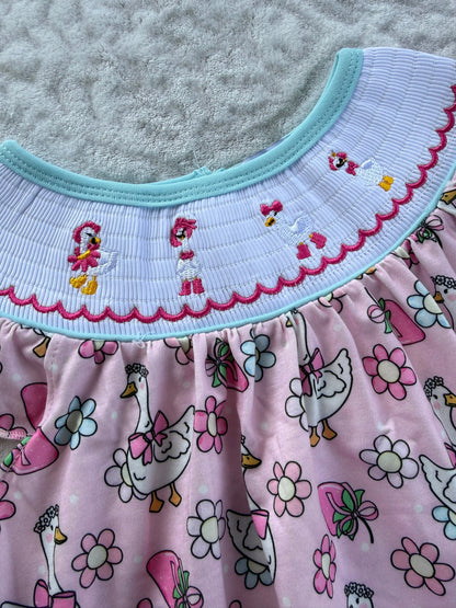 Pink Floral Goose Smocked Bubble
