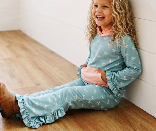 Peachy Teal Bow Ruffles Set
