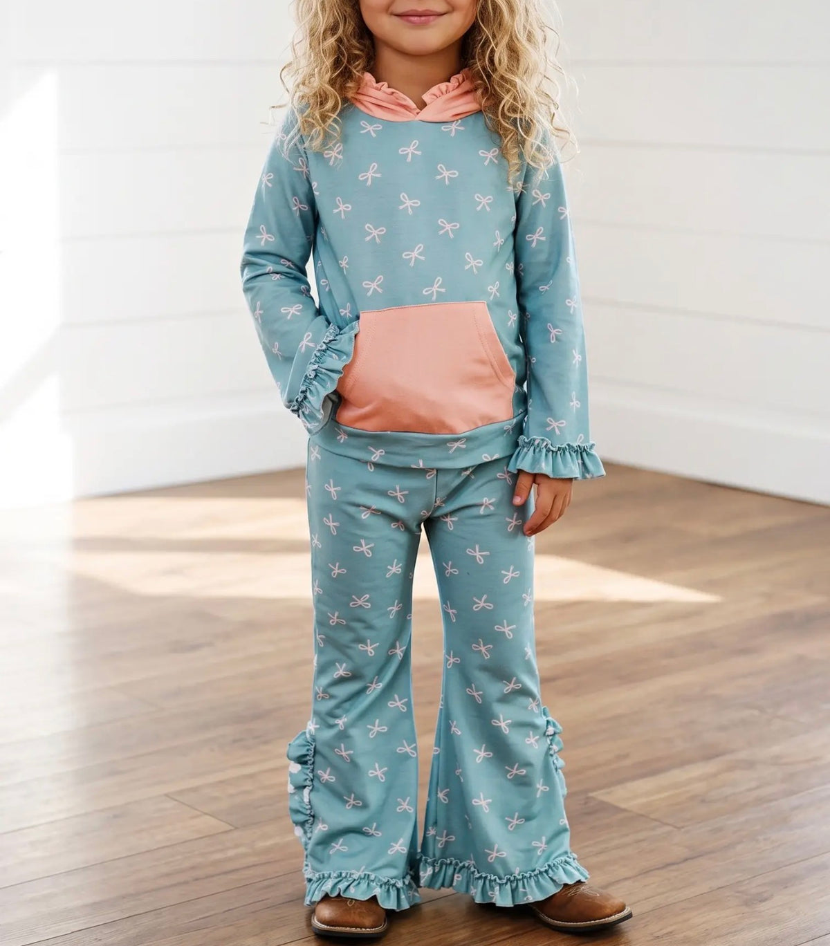 Peachy Teal Bow Ruffles Set