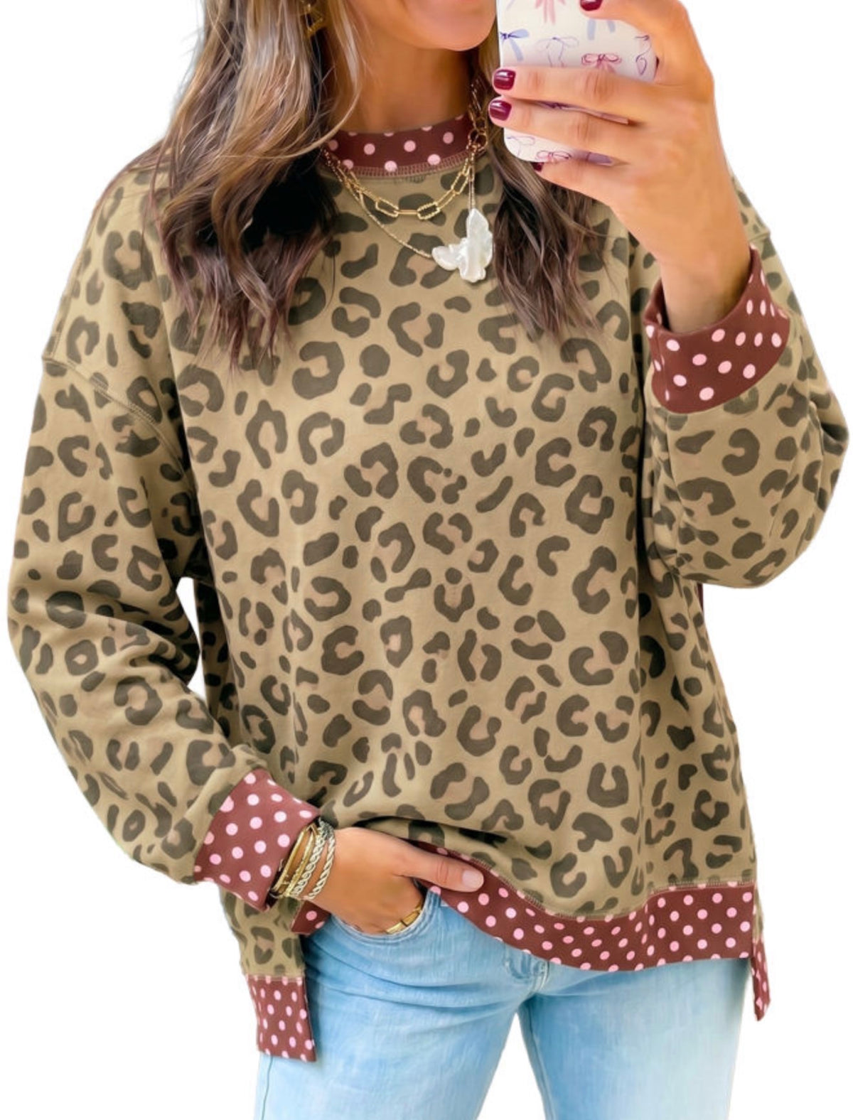 Maroon Polka Dot Leopard Top