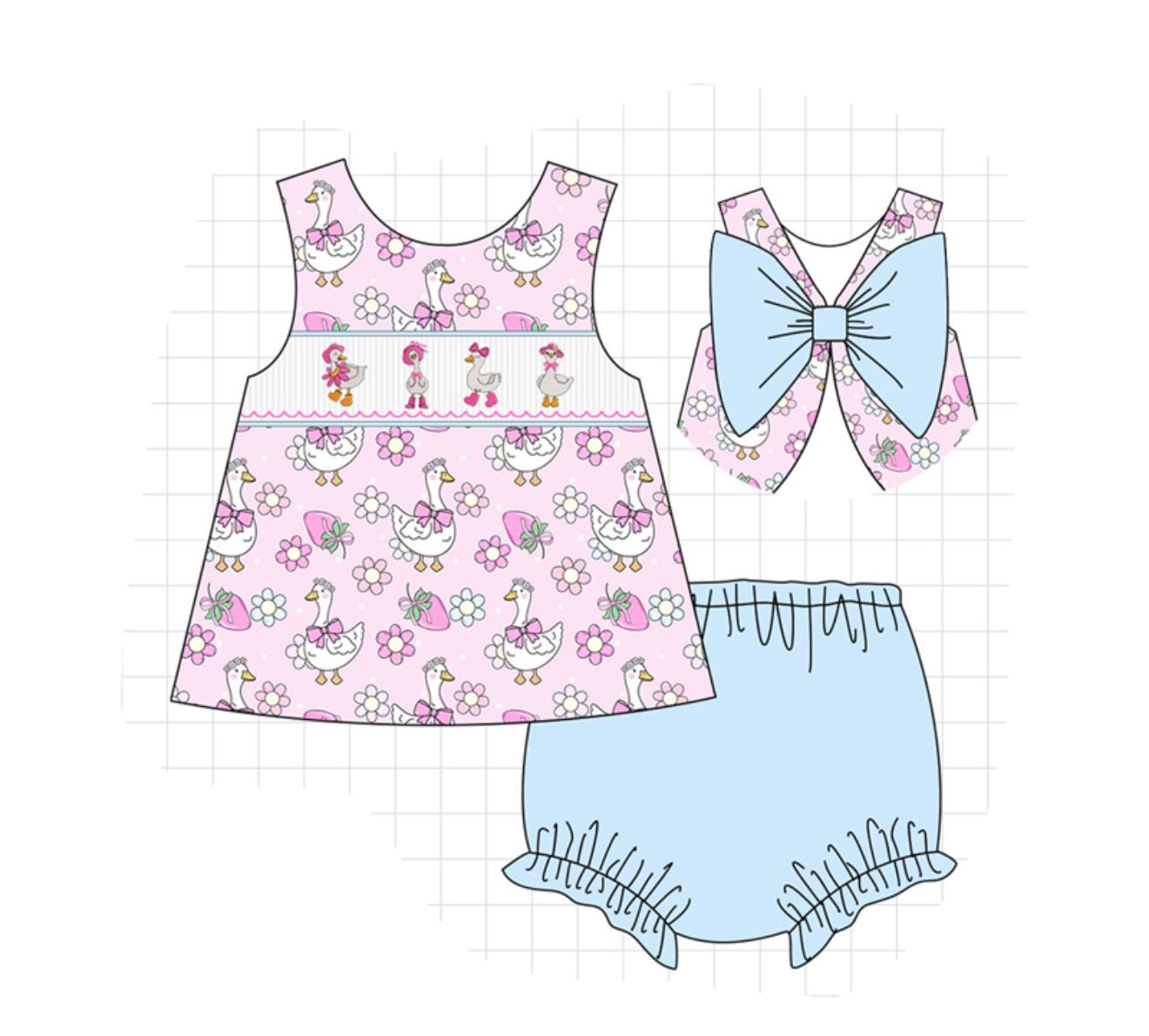 Pink Floral Goose Smocked Bloomer Set