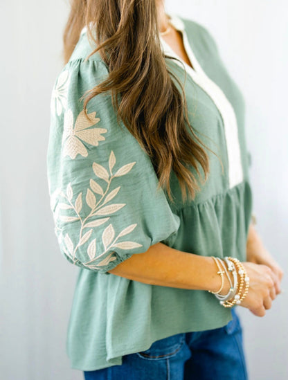 PREORDER•Embroidered Puff Sleeve Babydoll Blouse