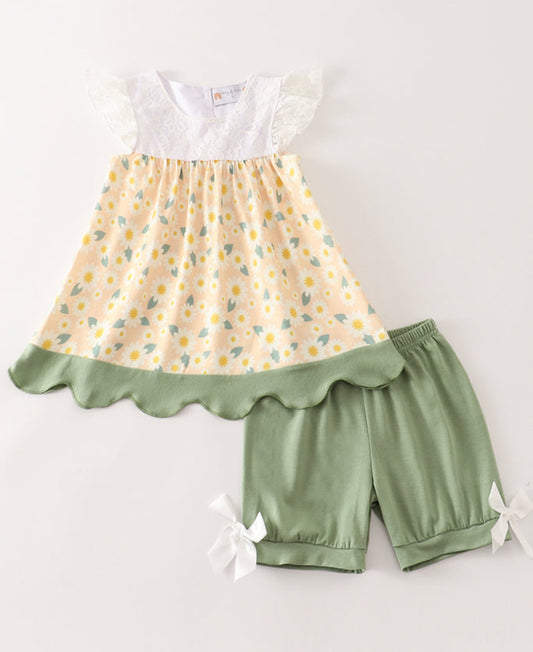 Yellow Floral Lace Short Set