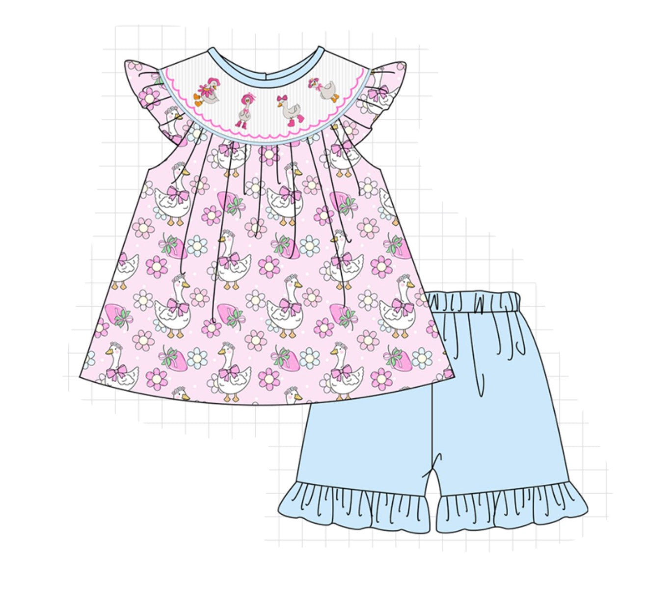 Pink Floral Goose Smocked Set