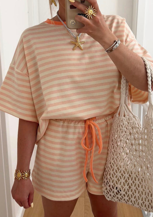Coral Striped Loose Tee Set