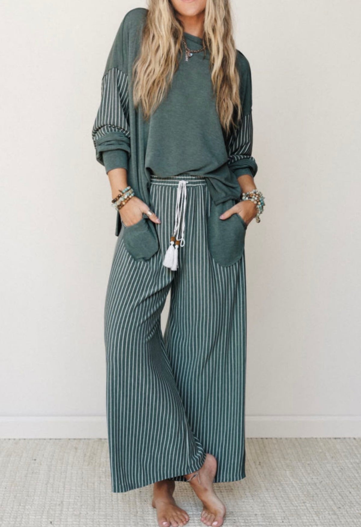 Bay Green Striped Casual Set
