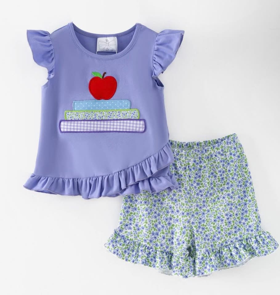 Apple Book Stack Girls Ruffle Short Set